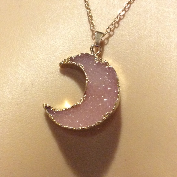 🌸PINK GOLD DRUZY HALF MOON 18" NECKLACE CHAIN LUV - Picture 4 of 7